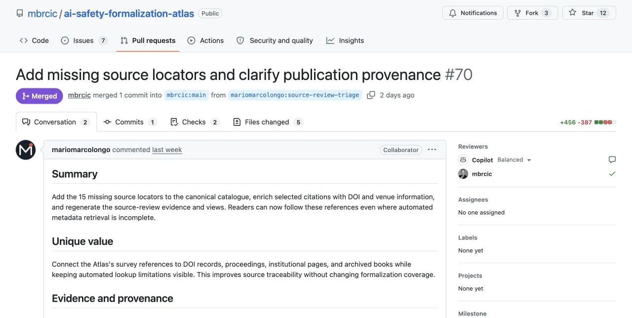 GitHub pull request 70 showing Mario Marcolongo's accepted source-locator contribution and merged status