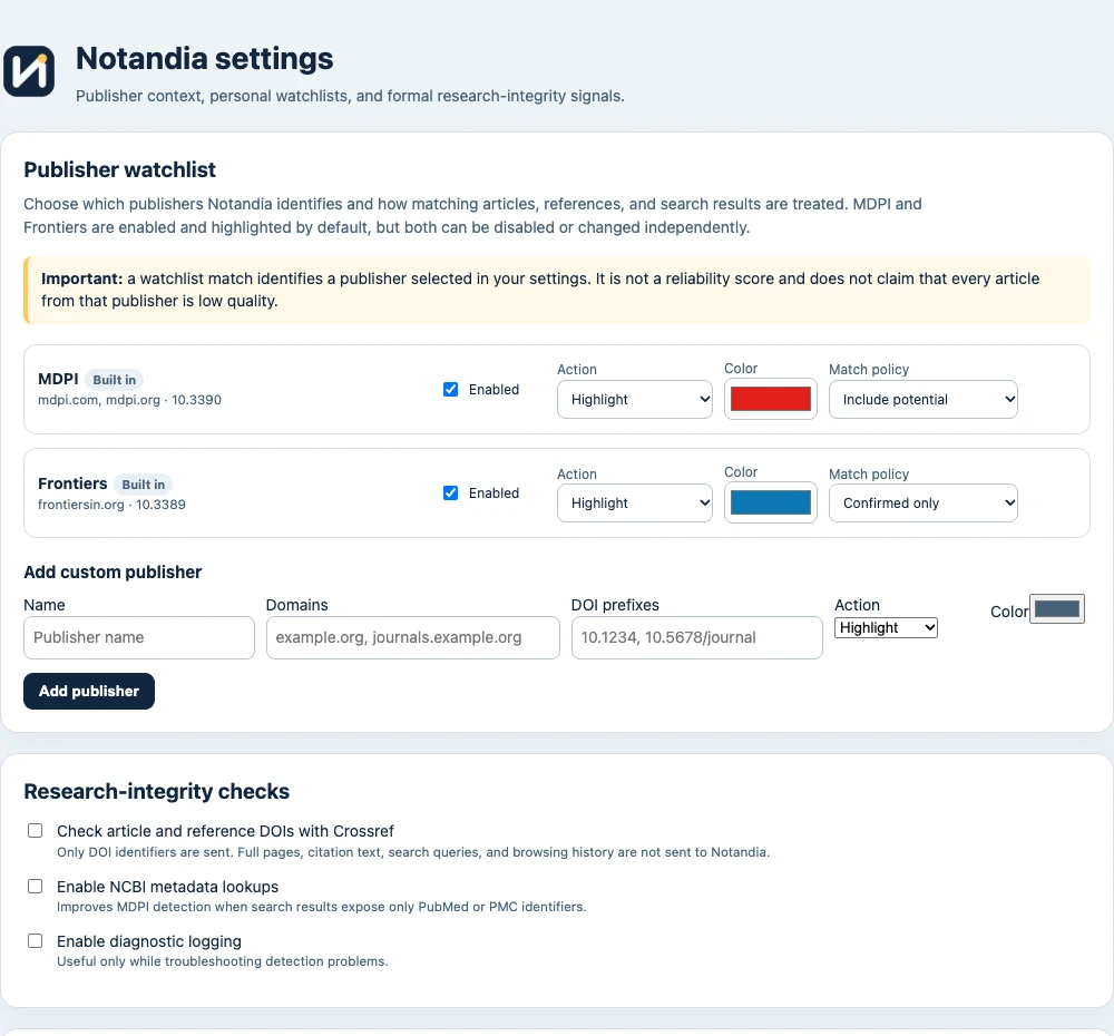 Actual Notandia settings with configurable MDPI and Frontiers watchlists and optional research-integrity checks